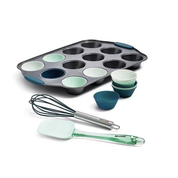 NIB Art+Cook 15-Pc Cupcake Pan Silicone Liners & Tools Set Mint Green Baking Set - Picture 2 of 5